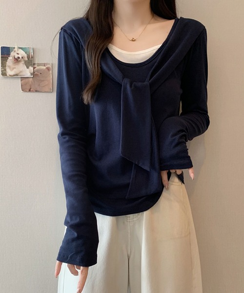 2ly2(トゥーリートゥー)の「フェイクレイヤード リボンデザイントップス(Tシャツ/カットソー・レディース・ボルドー/ブラウン/ネイビー/ブラック・FREE)」の10枚目の写真