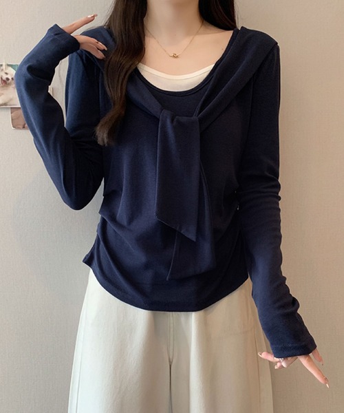 2ly2(トゥーリートゥー)の「フェイクレイヤード リボンデザイントップス(Tシャツ/カットソー・レディース・ボルドー/ブラウン/ネイビー/ブラック・FREE)」の11枚目の写真