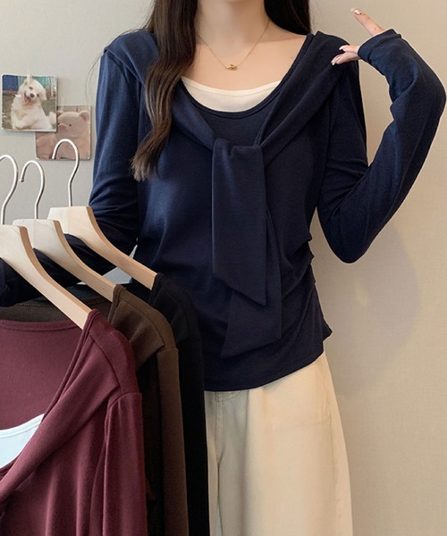 2ly2(トゥーリートゥー)の「フェイクレイヤード リボンデザイントップス(Tシャツ/カットソー・レディース・ボルドー/ブラウン/ネイビー/ブラック・FREE)」の13枚目の写真
