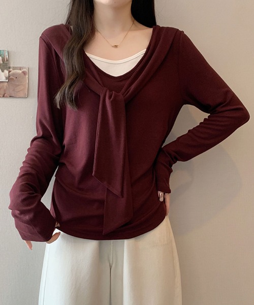 2ly2(トゥーリートゥー)の「フェイクレイヤード リボンデザイントップス(Tシャツ/カットソー・レディース・ボルドー/ブラウン/ネイビー/ブラック・FREE)」の15枚目の写真