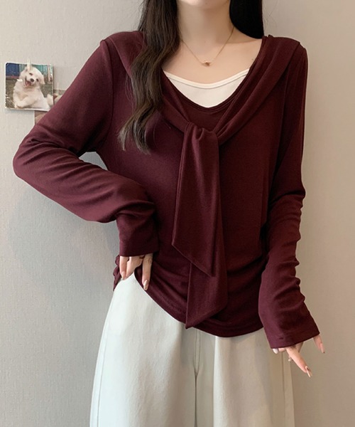 2ly2(トゥーリートゥー)の「フェイクレイヤード リボンデザイントップス(Tシャツ/カットソー・レディース・ボルドー/ブラウン/ネイビー/ブラック・FREE)」の16枚目の写真
