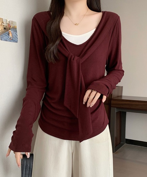 2ly2(トゥーリートゥー)の「フェイクレイヤード リボンデザイントップス(Tシャツ/カットソー・レディース・ボルドー/ブラウン/ネイビー/ブラック・FREE)」の17枚目の写真