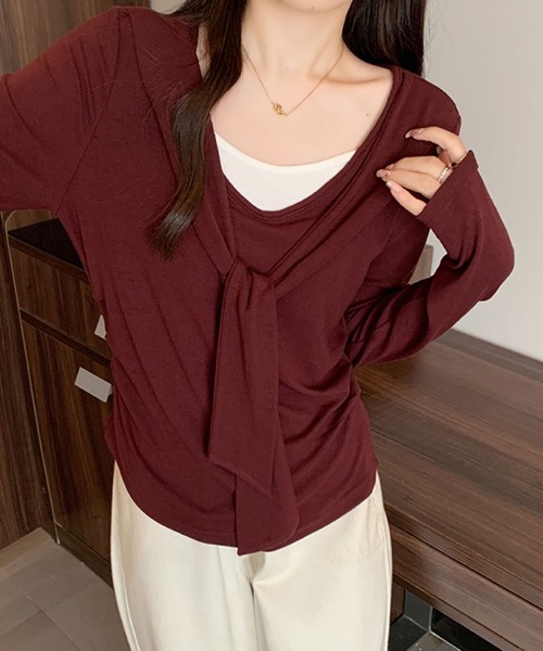 2ly2(トゥーリートゥー)の「フェイクレイヤード リボンデザイントップス(Tシャツ/カットソー・レディース・ボルドー/ブラウン/ネイビー/ブラック・FREE)」の19枚目の写真