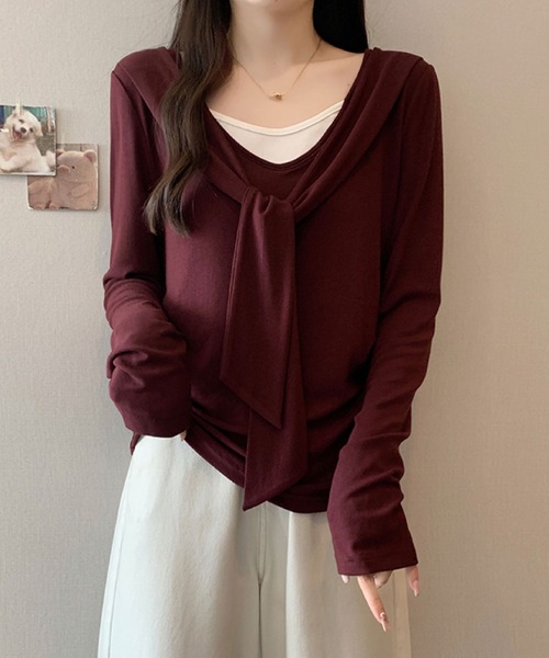 2ly2(トゥーリートゥー)の「フェイクレイヤード リボンデザイントップス(Tシャツ/カットソー・レディース・ボルドー/ブラウン/ネイビー/ブラック・FREE)」の20枚目の写真