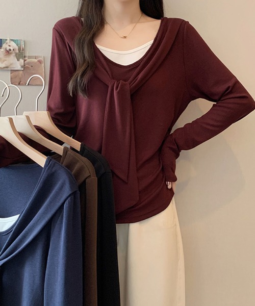 2ly2(トゥーリートゥー)の「フェイクレイヤード リボンデザイントップス(Tシャツ/カットソー・レディース・ボルドー/ブラウン/ネイビー/ブラック・FREE)」の22枚目の写真