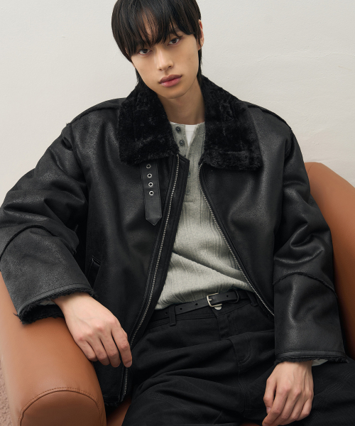DRAW FIT（ドローフィット）の「オーバーサイズスエードラインムートンジャケット[ALL BLACK]（ムートンコート・メンズ・その他・M/L/XL）」の2枚目の写真