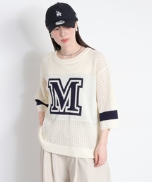 2/20 リネンタッチ 7分袖メッシュロゴニット