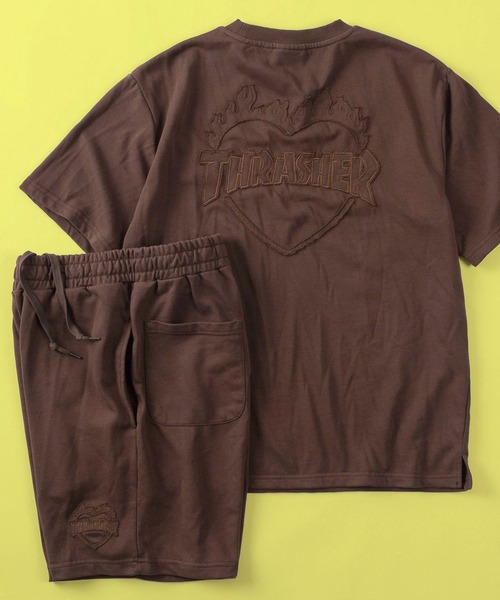 【70】【THRASHER/スラッシャー】別注 ミニ裏毛 ファイヤーエンブレム ハートロゴ刺繍 ルームウェア/スウェットTシャツ＆ショートパンツ/セットアップ/2点セット