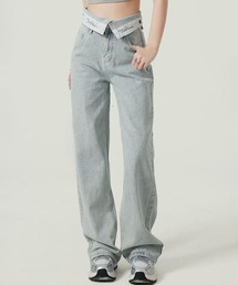 ウエスト折り返しデザインストレートデニムパンツ