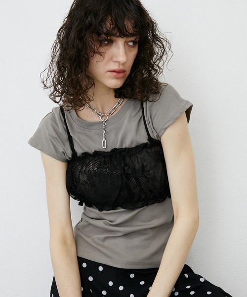 uyu.（ウユ）の「Lace Bustier Layered French sleeve Tee/【レースビスチェ付き】 レイヤードフレンチスリーブカットソー（Tシャツ/カットソー・レディース・ホワイト/ブラック・FREE）」の3枚目の写真