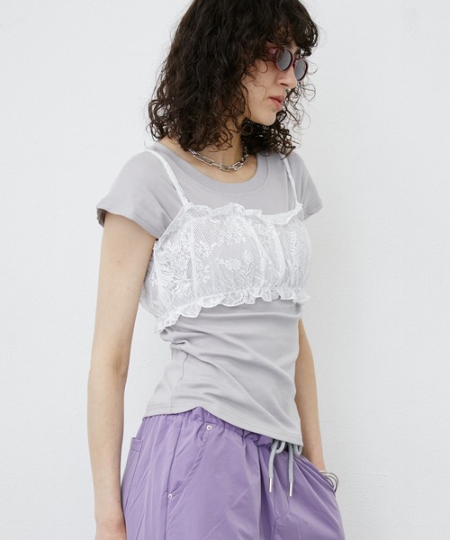 uyu.（ウユ）の「Lace Bustier Layered French sleeve Tee/【レースビスチェ付き】 レイヤードフレンチスリーブカットソー（Tシャツ/カットソー・レディース・ホワイト/ブラック・FREE）」の8枚目の写真