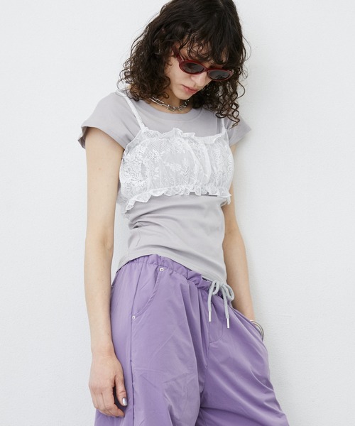 uyu.（ウユ）の「Lace Bustier Layered French sleeve Tee/【レースビスチェ付き】 レイヤードフレンチスリーブカットソー（Tシャツ/カットソー・レディース・ホワイト/ブラック・FREE）」の10枚目の写真