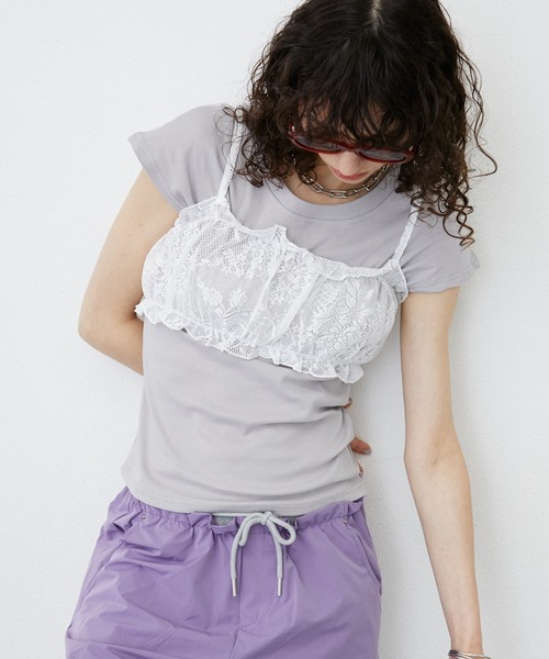 uyu.（ウユ）の「Lace Bustier Layered French sleeve Tee/【レースビスチェ付き】 レイヤードフレンチスリーブカットソー（Tシャツ/カットソー・レディース・ホワイト/ブラック・FREE）」の11枚目の写真