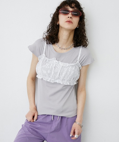 uyu.（ウユ）の「Lace Bustier Layered French sleeve Tee/【レースビスチェ付き】 レイヤードフレンチスリーブカットソー（Tシャツ/カットソー・レディース・ホワイト/ブラック・FREE）」の13枚目の写真