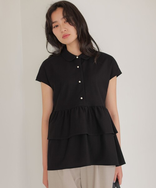 組曲 S(クミキョク チイサイサイズ)の「ツイルジャージーフリル ポロ襟カットソー(Tシャツ/カットソー・レディース・ホワイト系/サックスブルー系/ブラック系・S2)」の4枚目の写真