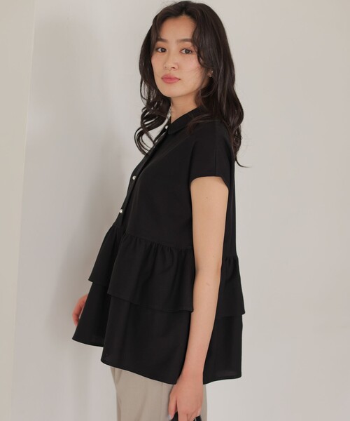 組曲 S(クミキョク チイサイサイズ)の「ツイルジャージーフリル ポロ襟カットソー(Tシャツ/カットソー・レディース・ホワイト系/サックスブルー系/ブラック系・S2)」の6枚目の写真
