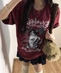 キャットロックプリント ゆったりTシャツ