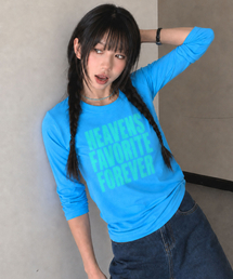 ハーフトーンレタリング7部Tシャツ_ブルー