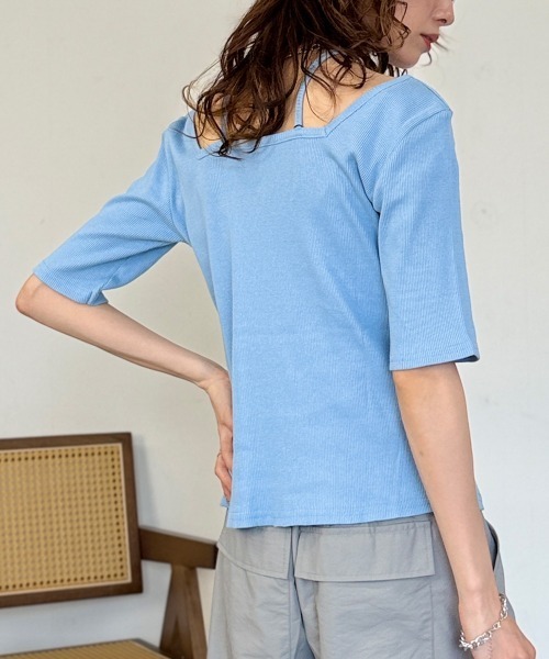 RCD(アールシーディー)の「【デコルテ綺麗見せ】クロスネックハーフスリーブカットソー(Tシャツ/カットソー・レディース・サックスブルー/ベージュ/オフホワイト/ベビーピンク/杢グレー/ブラック・M/L/LL)」の17枚目の写真