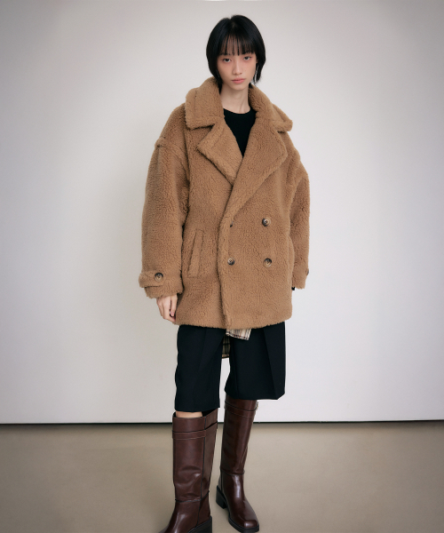 LEFTSEOUL（レフトソウル）の「テディベアオーバーサイズダブルハーフウールコート[ブラウン]（チェスターコート・レディース・ブラウン・FREE）」の3枚目の写真