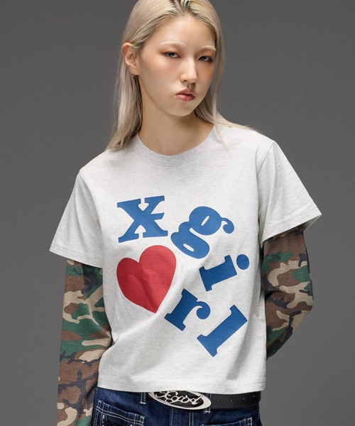 X-girl(エックスガール)の「LAYERED STYLE L/S COMPACT TEE(Tシャツ/カットソー・レディース・オフホワイト/ブラック・S/M)」の1枚目の写真