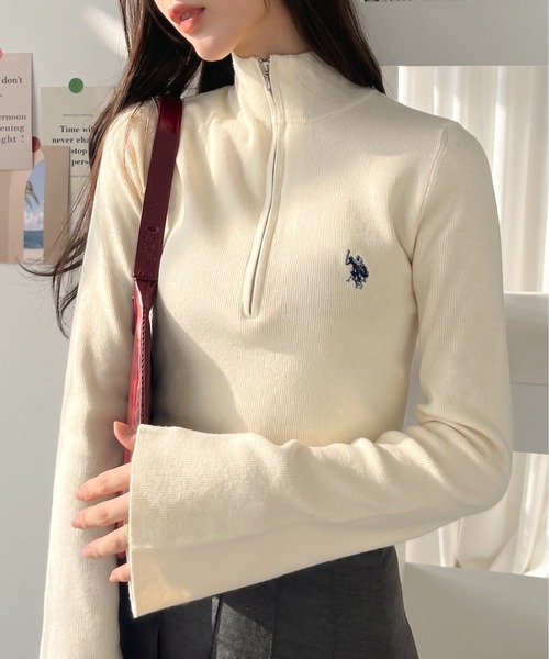 U.S. POLO ASSN.(ユーエスポロアッスン)の「【Ada.別注 U.S. POLO ASSN.】ハーフジップ リブ ニットプルオーバー(ニット/セーター・レディース・ボルドー/チャコールグレー/アイボリー・M/L)」の2枚目の写真