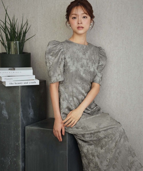 girl(ガール)の「花柄ジャガード パフスリーブ ロング 結婚式 パーティードレス オケージョンドレス お呼ばれ 二次会 成人式 同窓会 謝恩会(ドレス・レディース・グレー/ブラック・S/M/L/2L)」の5枚目の写真
