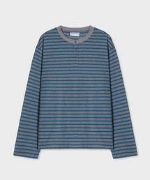[ユニセックス] ストライプヘンリーネックロングスリーブTシャツ ブルー