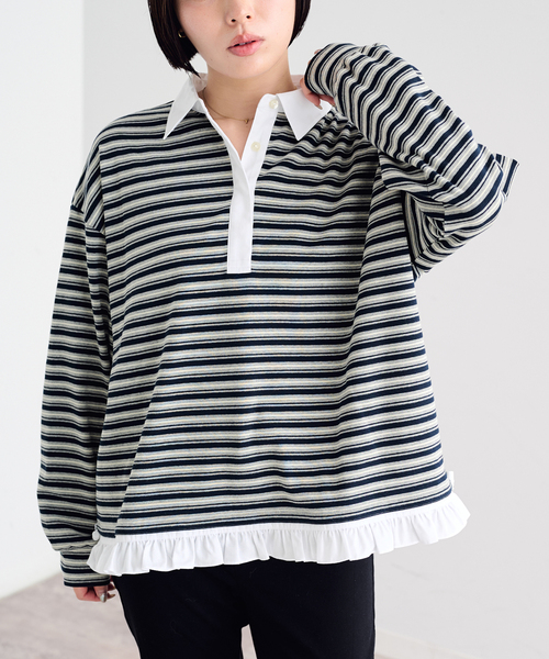 U by SPICK&SPAN(ユーバイスピックアンドスパン)の「《追加》マルチボーダーフリルドッキングプルオーバー(Tシャツ/カットソー・レディース・グレー/ブルー/アイボリー・FREE)」の1枚目の写真