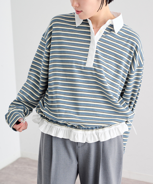 U by SPICK&SPAN(ユーバイスピックアンドスパン)の「《追加》マルチボーダーフリルドッキングプルオーバー(Tシャツ/カットソー・レディース・グレー/ブルー/アイボリー・FREE)」の3枚目の写真