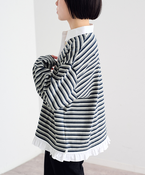 U by SPICK&SPAN(ユーバイスピックアンドスパン)の「《追加》マルチボーダーフリルドッキングプルオーバー(Tシャツ/カットソー・レディース・グレー/ブルー/アイボリー・FREE)」の13枚目の写真