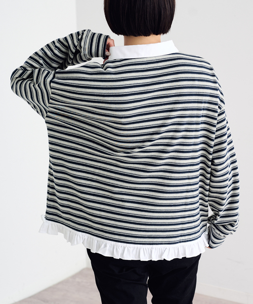 U by SPICK&SPAN(ユーバイスピックアンドスパン)の「《追加》マルチボーダーフリルドッキングプルオーバー(Tシャツ/カットソー・レディース・グレー/ブルー/アイボリー・FREE)」の14枚目の写真