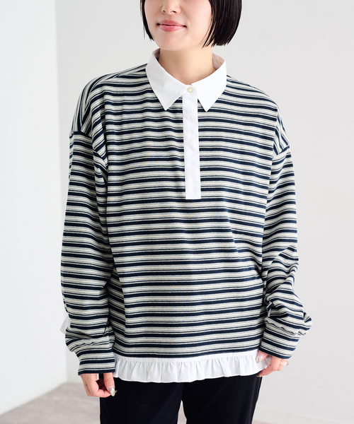 U by SPICK&SPAN(ユーバイスピックアンドスパン)の「《追加》マルチボーダーフリルドッキングプルオーバー(Tシャツ/カットソー・レディース・グレー/ブルー/アイボリー・FREE)」の15枚目の写真