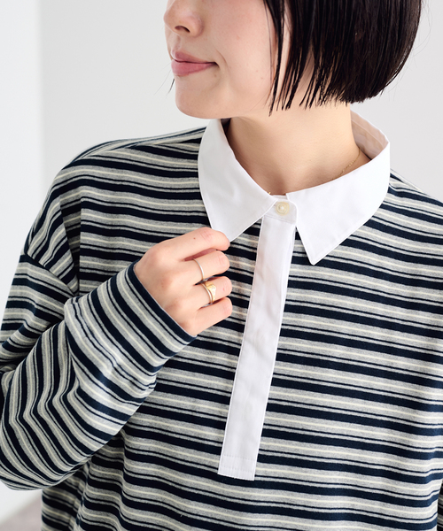 U by SPICK&SPAN(ユーバイスピックアンドスパン)の「《追加》マルチボーダーフリルドッキングプルオーバー(Tシャツ/カットソー・レディース・グレー/ブルー/アイボリー・FREE)」の16枚目の写真