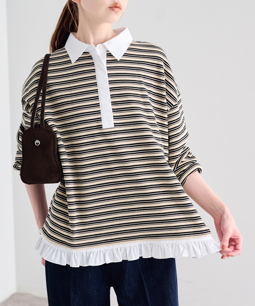 U by SPICK&SPAN(ユーバイスピックアンドスパン)の「《追加》マルチボーダーフリルドッキングプルオーバー(Tシャツ/カットソー・レディース・グレー/ブルー/アイボリー・FREE)」の20枚目の写真