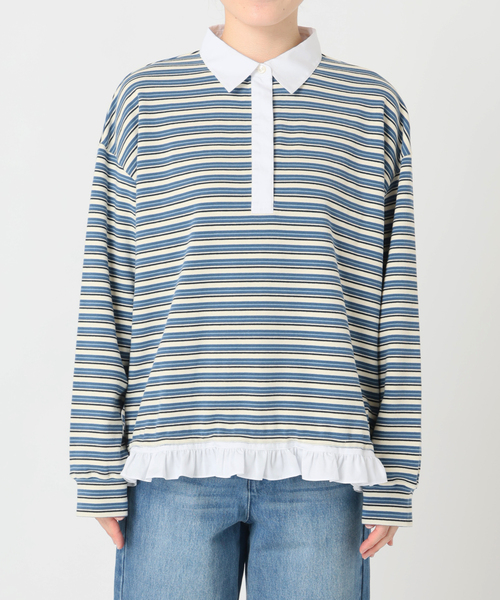 U by SPICK&SPAN(ユーバイスピックアンドスパン)の「《追加》マルチボーダーフリルドッキングプルオーバー(Tシャツ/カットソー・レディース・グレー/ブルー/アイボリー・FREE)」の5枚目の写真