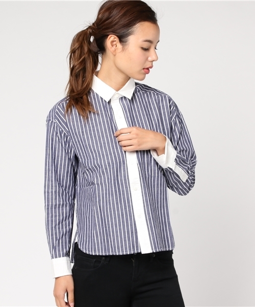 CUBE SUGAR(キューブシュガー)の「レジメンタルストライプ クレリックシャツ(シャツ/ブラウス・レディース・ワインレッド/ブルー/ブラック・M)」の2枚目の写真