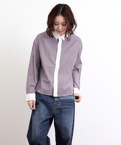 CUBE SUGAR(キューブシュガー)の「レジメンタルストライプ クレリックシャツ(シャツ/ブラウス・レディース・ワインレッド/ブルー/ブラック・M)」の3枚目の写真