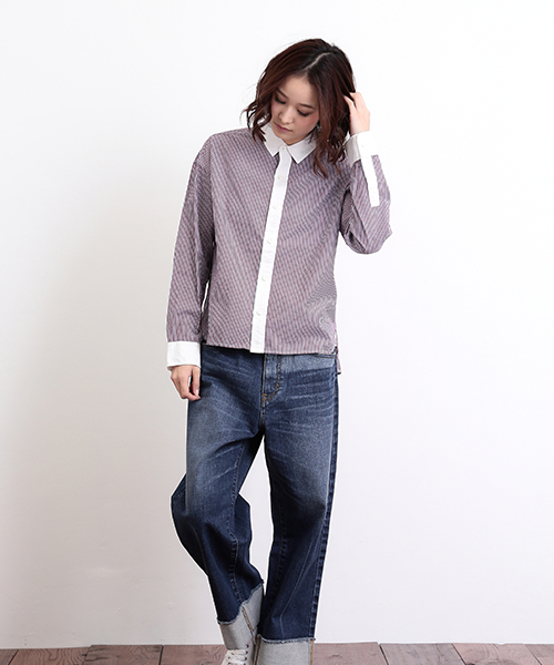 CUBE SUGAR(キューブシュガー)の「レジメンタルストライプ クレリックシャツ(シャツ/ブラウス・レディース・ワインレッド/ブルー/ブラック・M)」の7枚目の写真