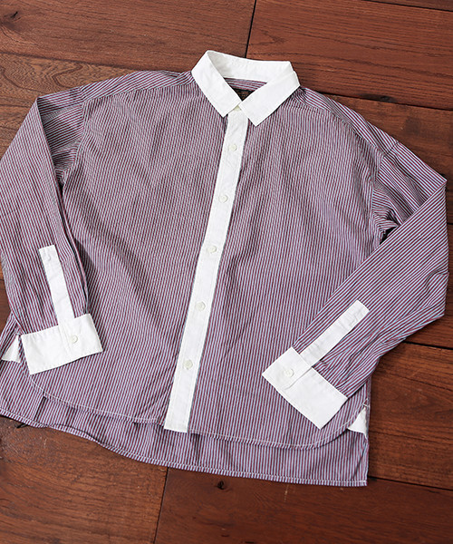 CUBE SUGAR(キューブシュガー)の「レジメンタルストライプ クレリックシャツ(シャツ/ブラウス・レディース・ワインレッド/ブルー/ブラック・M)」の8枚目の写真