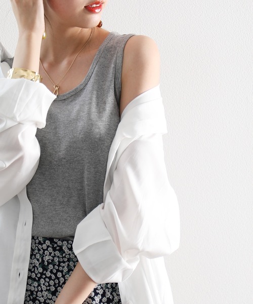 丸首綿混無地ノースリーブタンクトップ(袖なし)