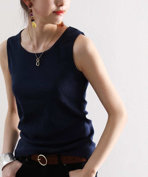 丸首綿混無地ノースリーブタンクトップ(袖なし)