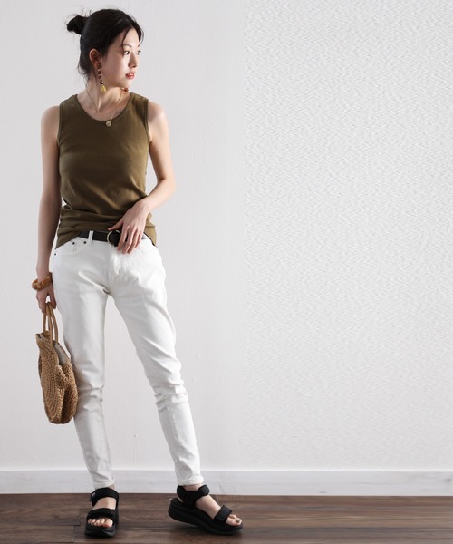 丸首綿混無地ノースリーブタンクトップ(袖なし)