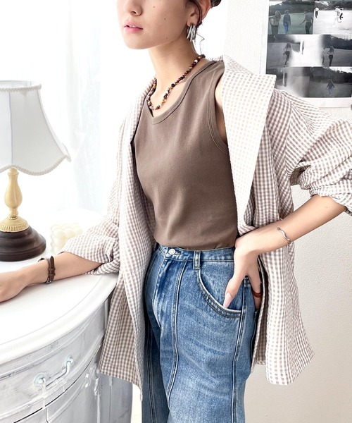 丸首綿混無地ノースリーブタンクトップ(袖なし)