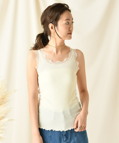 DouDou（ドゥドゥ）の「レースタンク（Tシャツ/カットソー・レディース・ブラック/ベージュ/ブラウン/グレー/オフホワイト/カーキ/キャメル・FREE）」の6枚目の写真