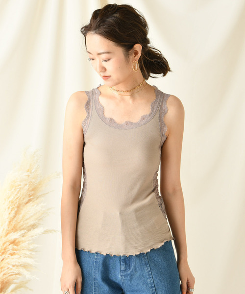 DouDou（ドゥドゥ）の「レースタンク（Tシャツ/カットソー・レディース・ブラック/ベージュ/ブラウン/グレー/オフホワイト/カーキ/キャメル・FREE）」の5枚目の写真