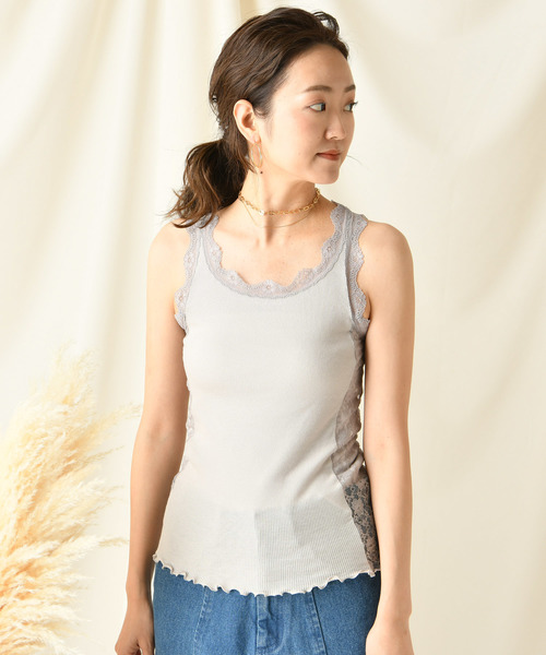 DouDou（ドゥドゥ）の「レースタンク（Tシャツ/カットソー・レディース・ブラック/ベージュ/ブラウン/グレー/オフホワイト/カーキ/キャメル・FREE）」の4枚目の写真