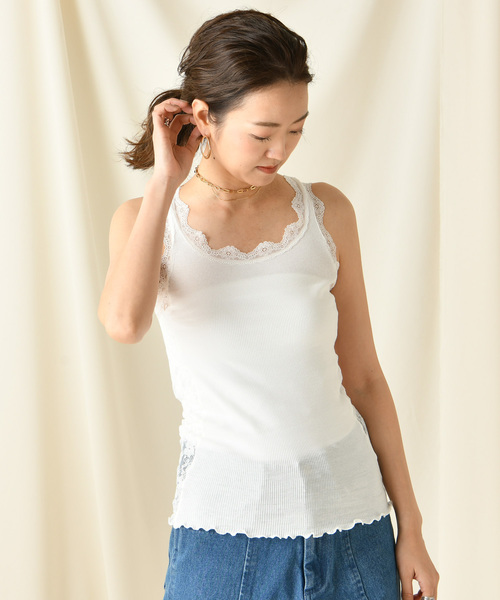 DouDou（ドゥドゥ）の「レースタンク（Tシャツ/カットソー・レディース・ブラック/ベージュ/ブラウン/グレー/オフホワイト/カーキ/キャメル・FREE）」の2枚目の写真