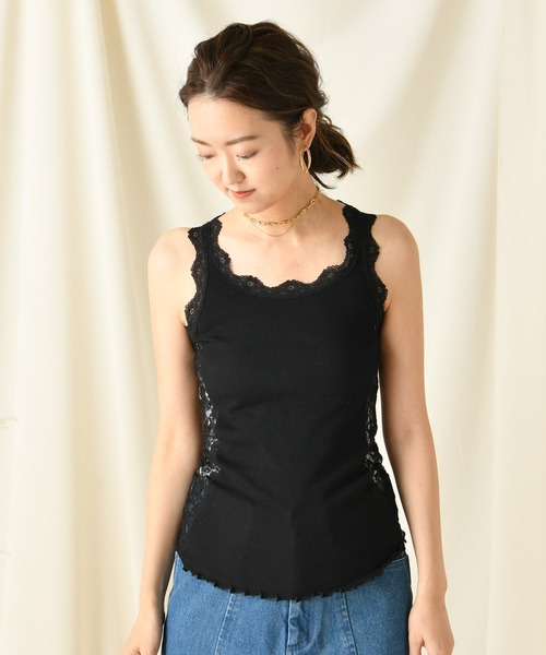 DouDou（ドゥドゥ）の「レースタンク（Tシャツ/カットソー・レディース・ブラック/ベージュ/ブラウン/グレー/オフホワイト/カーキ/キャメル・FREE）」の3枚目の写真