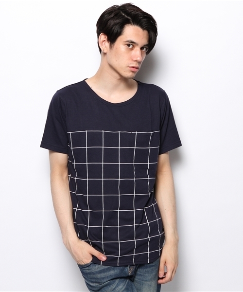 WEGO(ウィゴー)の「WEGO/ウィンドウペン切替Tシャツ(Tシャツ/カットソー・メンズ・ホワイト/ネイビー・MEDIUM/LARGE)」の2枚目の写真